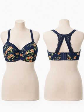 Cacique 38DDD Navy Floral Lace Racerback Bra‎ Plus Size Underwire Comfort Lift